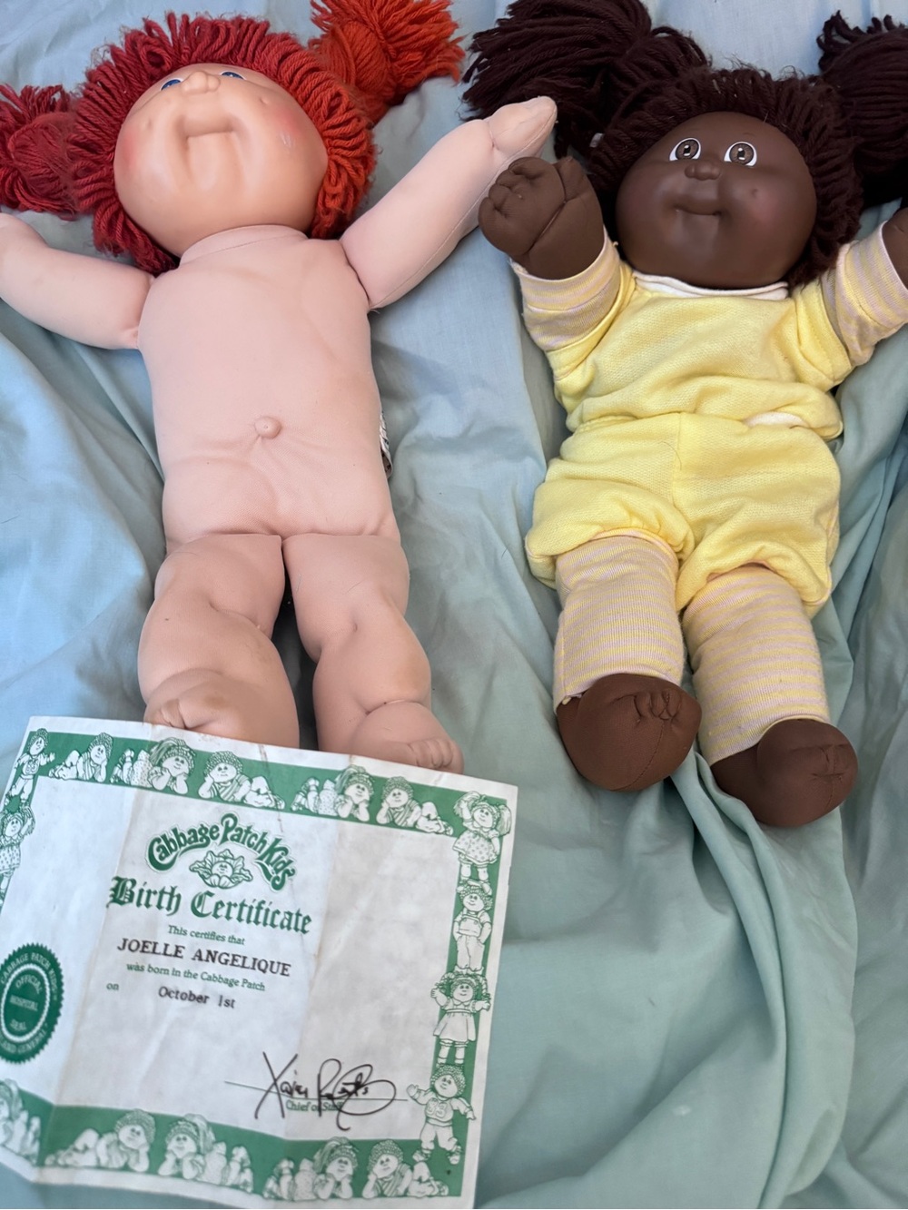 1982 Cabbage Patch Kids 2 Soft Body Dolls Red & Brown Hair One Birth Cert.